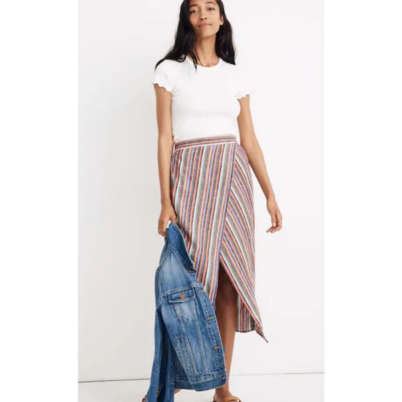 Madewell Overlay Midi Skirt Rainbow Stripe Boho Coastal Chic Elastic Back 6 - Picture 1 of 9